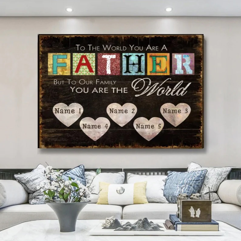 To The World You Are A Father But To Our Family You Are The World Poster Canvas Personalized Poster With Kid Names Dad Canvas